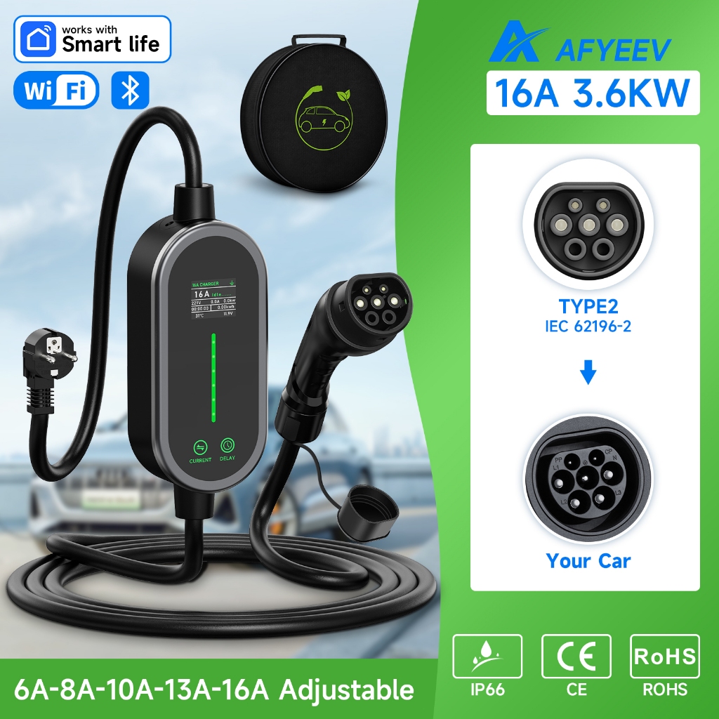 AFYEEV Type2 IEC62196-2 สายชาร์จรถยนต์ไฟฟ้า 16A 3.6kW 1Phase Wallbox Type2 EVSE สายชาร์จ EU Plug WiFi APP การควบคุมบลูทูธ