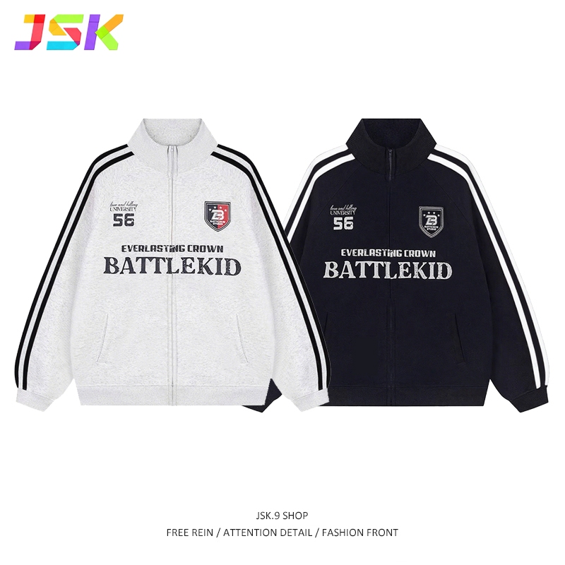 JSK.9 เสื้อแจ็คเก็ตคอสูง สไตล์อเมริกัน เสื้อโค้ท ซิป คาร์ดิแกน แบบผู้ชายและผู้หญิง ฤดูใบไม้ร่วง แบบกีฬา หลวม แจ็กเก็ตคู่รัก