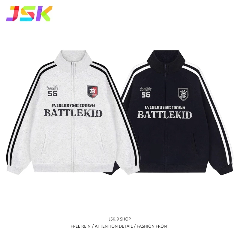 JSK.9 เสื้อแจ็คเก็ตคอสูง สไตล์อเมริกัน เสื้อโค้ท ซิป คาร์ดิแกน แบบผู้ชายและผู้หญิง ฤดูใบไม้ร่วง แบบกีฬา หลวม แจ็กเก็ตคู่รัก