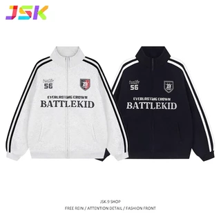 JSK.9 เสื้อแจ็คเก็ตคอสูง สไตล์อเมริกัน เสื้อโค้ท ซิป คาร์ดิแกน แบบผู้ชายและผู้หญิง ฤดูใบไม้ร่วง แบบกีฬา หลวม แจ็กเก็ตคู่รัก