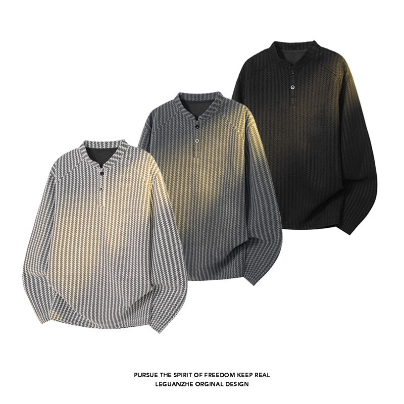 เสื้อยืดแขนยาว Henley คอปกสำหรับผู้ชาย ออกแบบมาให้เหมาะกับฤดูใบไม้ร่วงถึงฤดูหนาว เนื้อผ้าเฮฟวี่เวทรุ่นใหม่