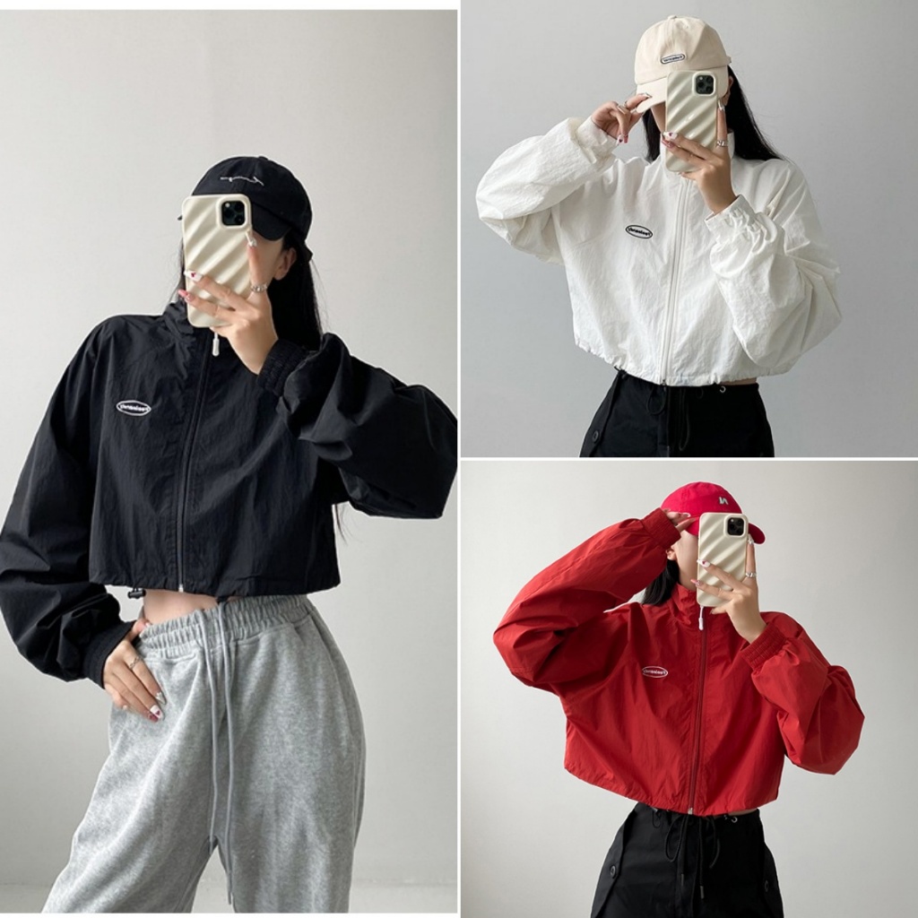 Betty house พร้อมส่ง เสื้อคลุมแขนยาวผู้หญิง สไตล์สั้น ลองหลวมๆ ดีไซน์ซิปและเชือกรูด สไตล์ย้อนยุคแบบอเมริกัน