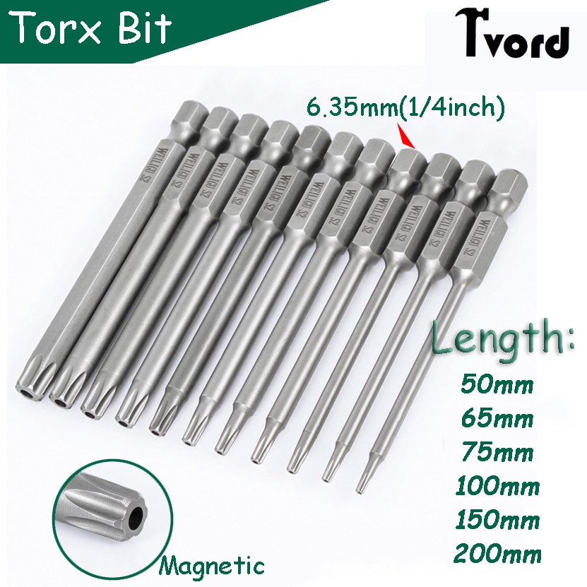 Torx ไขควงบิตแม่เหล็ก 50/65/75/100 มม.150 มม.200 มม.ความยาวไขควงหัว T6 T7 T8 T9 T10 T15 T20 T25 ~ T50 Tamper Proof Security เจาะชุด Bit