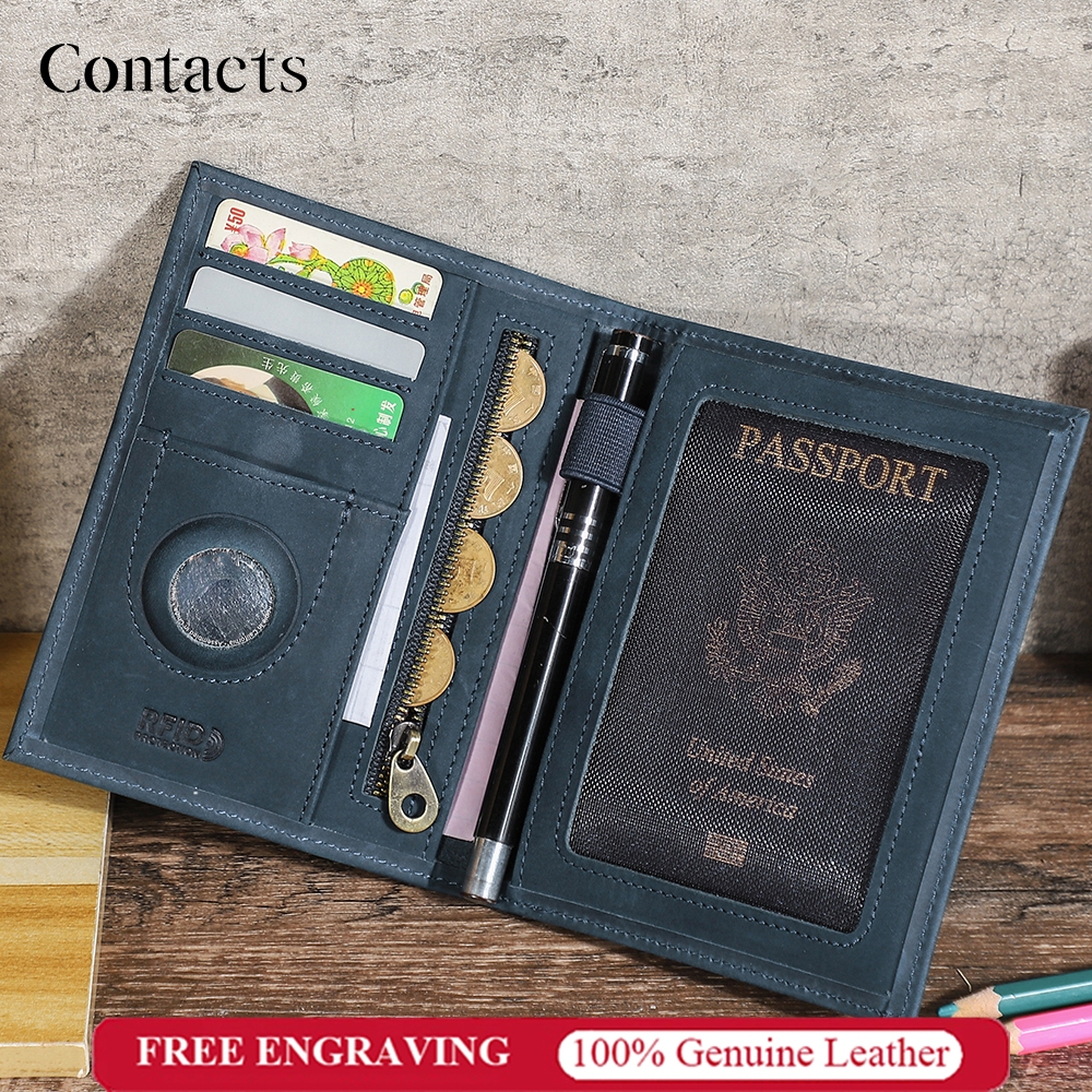 CONTACTS หนังเต็มข้าว Airtag ผู้ถือหนังสือเดินทาง RFID บล็อกกระเป๋าสตางค์หนังสือเดินทางบางกล่องปกหนังสือเดินทางที่มี 4 ช่องบัตร, กระเป๋าเหรียญ
