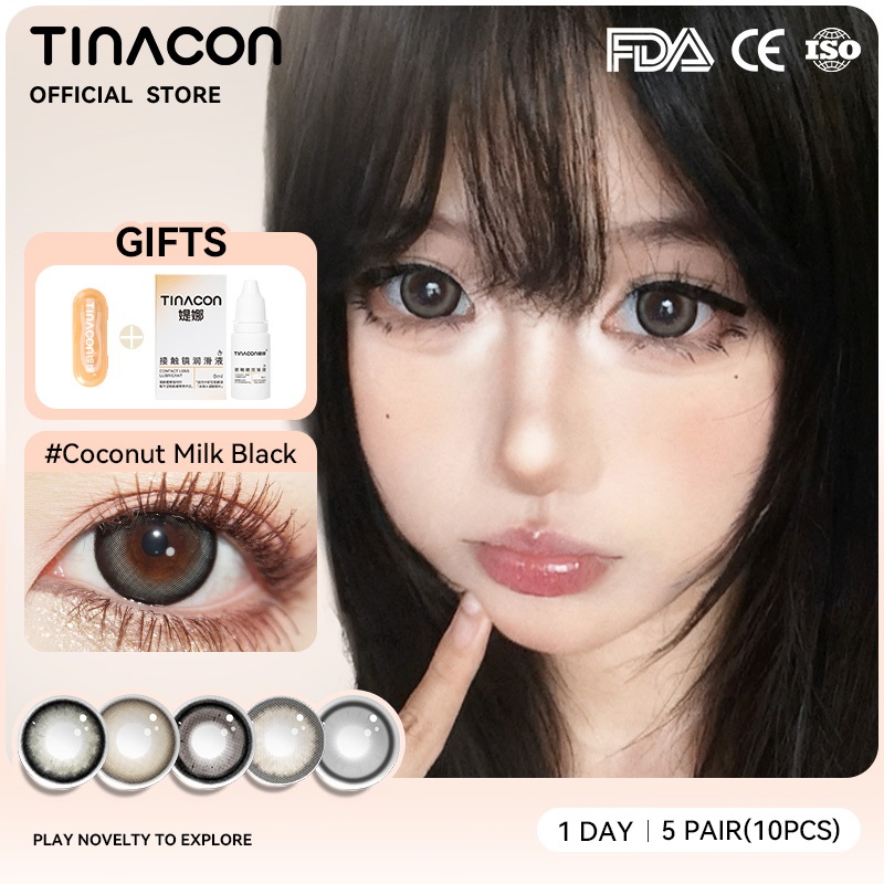TINACON คอนแทคเลนส์ 1วัน 10ชิ้น(5คู่) DIA14.4/14.5มม สายตาสั้น 【0.00-8.00】ลูกครึ่งธรรมชาติ สีดำ