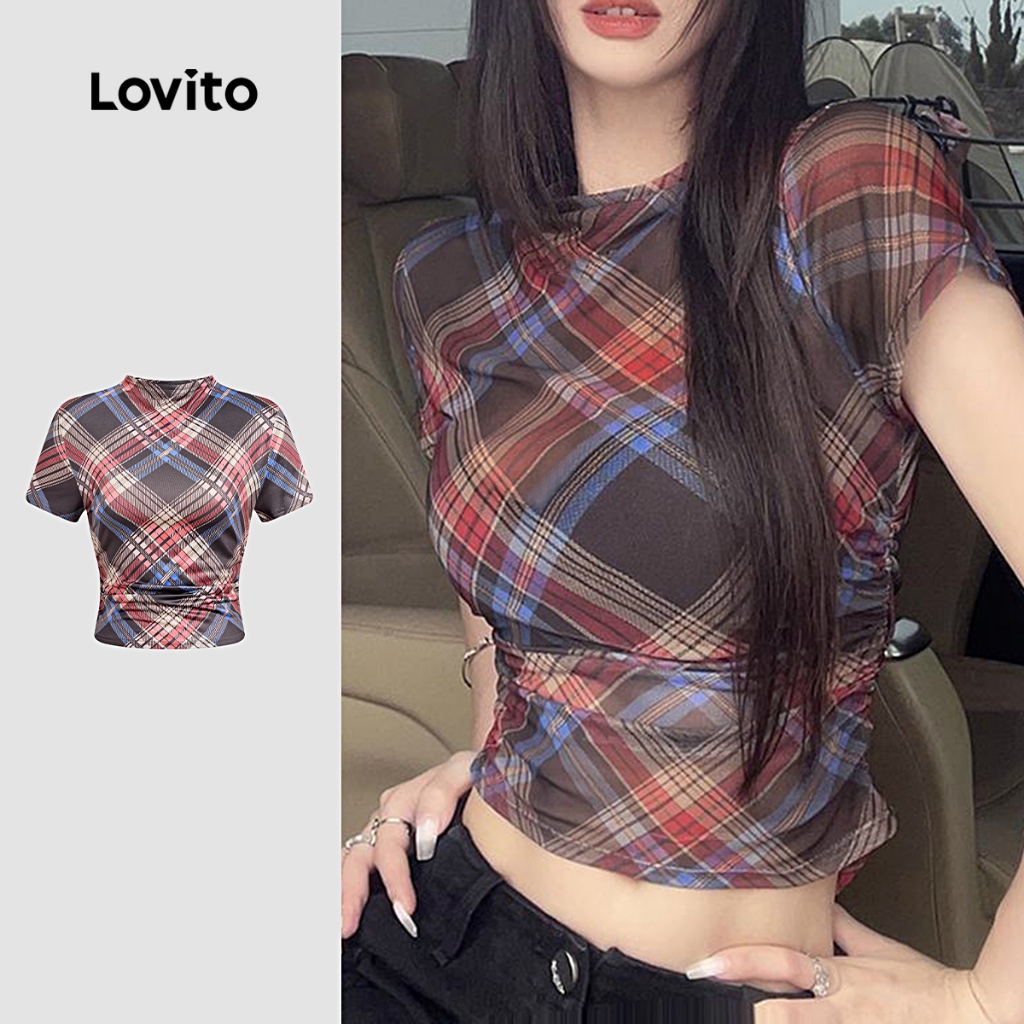 Lovito เสื้อยืดหรูหราเสื้อยืดเรขาคณิตสําหรับผู้หญิง LNE66389