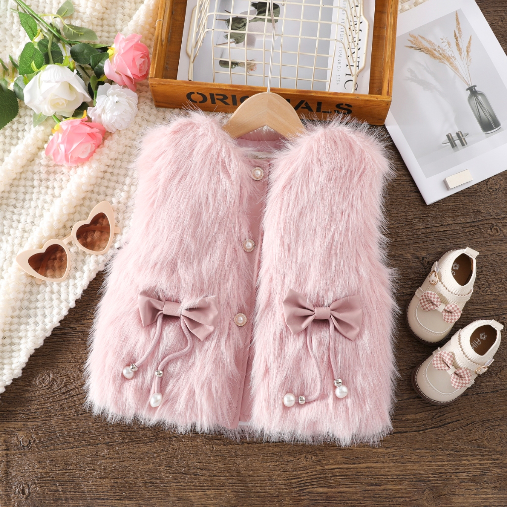 เสื้อเด็กฤดูหนาวใหม่ที่มีเสื้อกั๊กแขนกุดมีสไตล์สําหรับเด็กทารกโบว์มีขนดกและยกทรงเหมาะสําหรับ 1-6 ปี