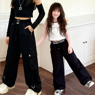กางเกงขายาวสีดำสำหรับเด็กผู้หญิงดีไซน์ใหม่ มีหลายกระเป๋าและเ…
