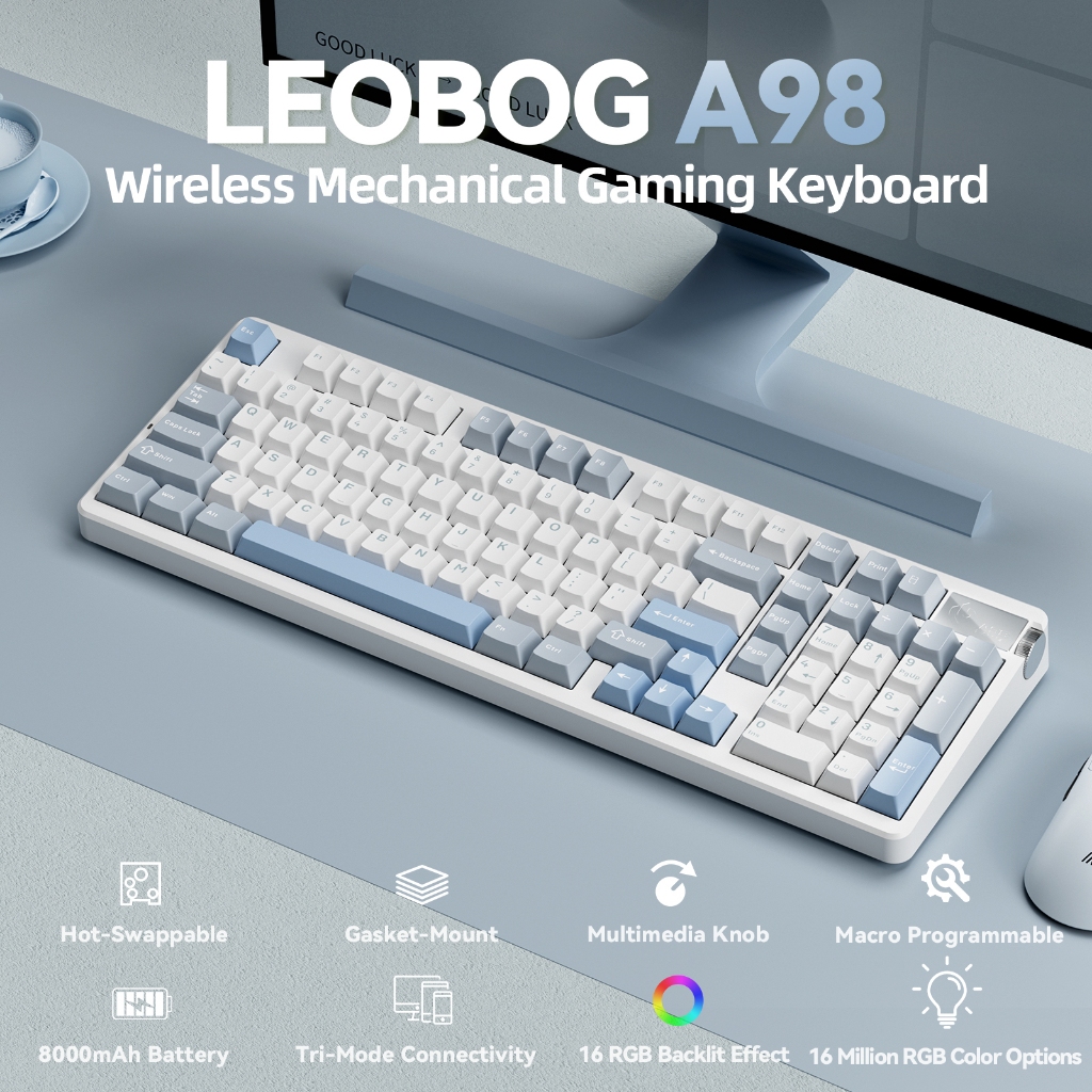 LEOBOG A98 คีย์บอร์ดไร้สาย 99 คีย์ Tri-Mode 8000mAH Multi-Function Knob RGB สําหรับเล่นเกมสํานักงาน