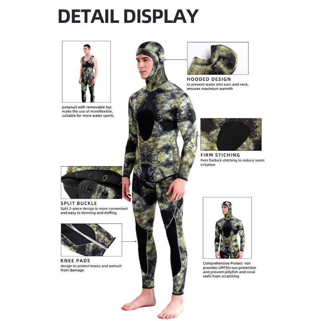 [ตำนาน 6] Hot Wetsuits ผู้ชาย 3MM Neoprene Hooded Warm Wetsuit Camouflage แยกล่าสัตว์ปลาล่าสัตว์ดําน้ําดําน้ําดูปะการังท่องชุดว่ายน้ํา - รูปที่ 2