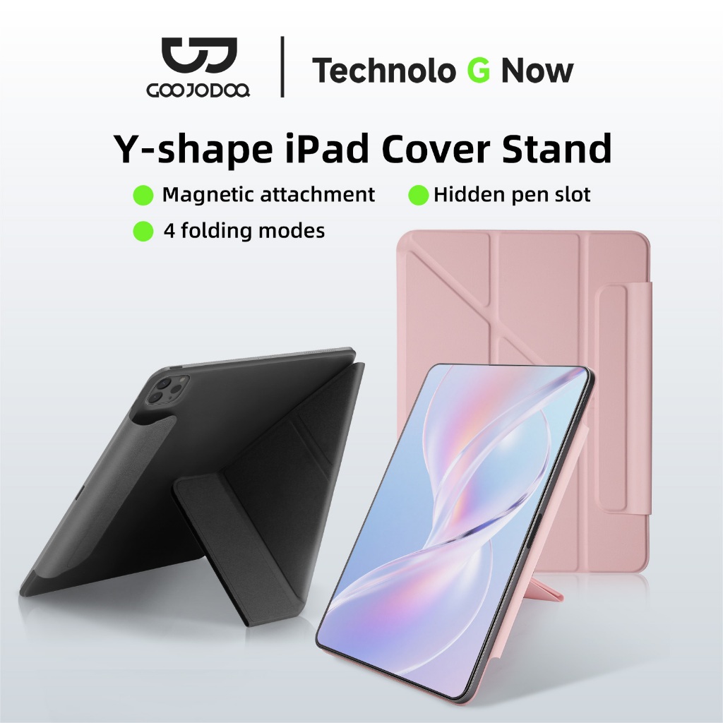 GOOJODOQ ยืนปก iPad รูป Y ช่องปากกาซ่อน แนบแม่เหล็ก 4 โหมดพับ นอนและตื่นอัตโนมัติ