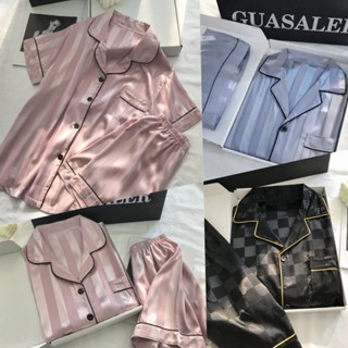 💎BraQueen💎ชุดนอนผ้าไหมน้ำแข็ง ชุดนอนซาติน แขนสั้น+กางเกงขาสั…