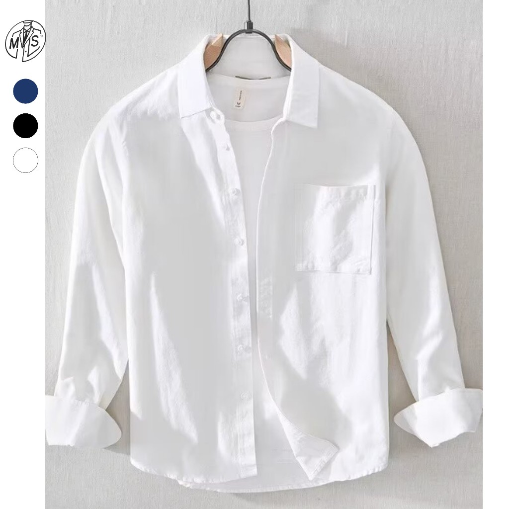 【Masah】 COD Casual ผ้าลินินผ้าฝ้ายแขนยาวเสื้อผู้ชายฤดูร้อนใหม่ Basic ปกเสื้อเชิ้ตสีขาวผู้ชาย