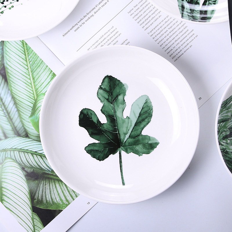 Nordic Green Plant Plate Creative Ceramic Plate Household Rice Plate จานผลไม้ ins Tableware Ceramic 