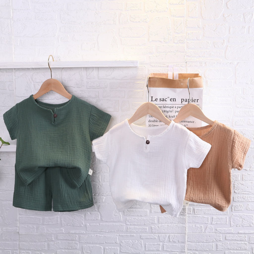 ชุดเสื้อผ้าเด็กชายอายุ 0.5–6 ปี ผ้าฝ้าย-ผ้าลินิน สีทึบ เสื้อยืด 2 ชิ้น ชุดฤดูร้อน