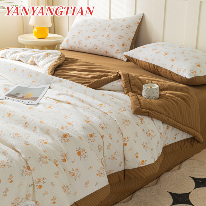 YANYANGTIAN ผ้าห่มสาลูยับ 5ฟุต/6ฟุต ผ้านวมคุณภาพดี รุ่นใหม่ มีกุ๊นขอบ ไม่เป็นก้อน นุ่มสบาย สีพาสเทล