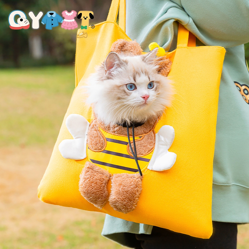 QYPET สัตว์เลี้ยงแมว Carrier กระเป๋าการ์ตูน Bee Breathable กระเป๋าผ้าใบสุนัข Outing Tote กระเป๋าปรับสัตว์เลี้ยง Carrier Crossbody กระเป๋า