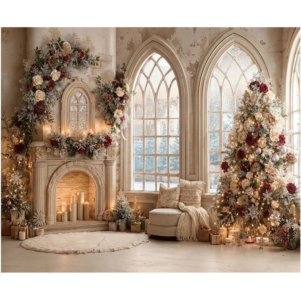 7x5ft Merry Christmas ฉากหลังสําหรับถ่ายภาพบ้านสีขาว Xmas Tree พื้นหลังเด็ก Grils เจ้าหญิง Portrait 