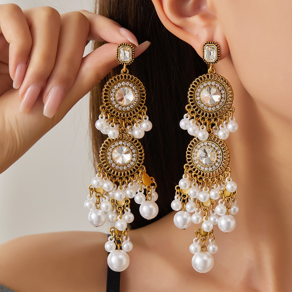 ต่างหูวินเทจ Boho ยาว ตกแต่งด้วยpearlและสีทอง เหมาะสำหรับงานแต่งงานหรือโอกาสสำคัญ