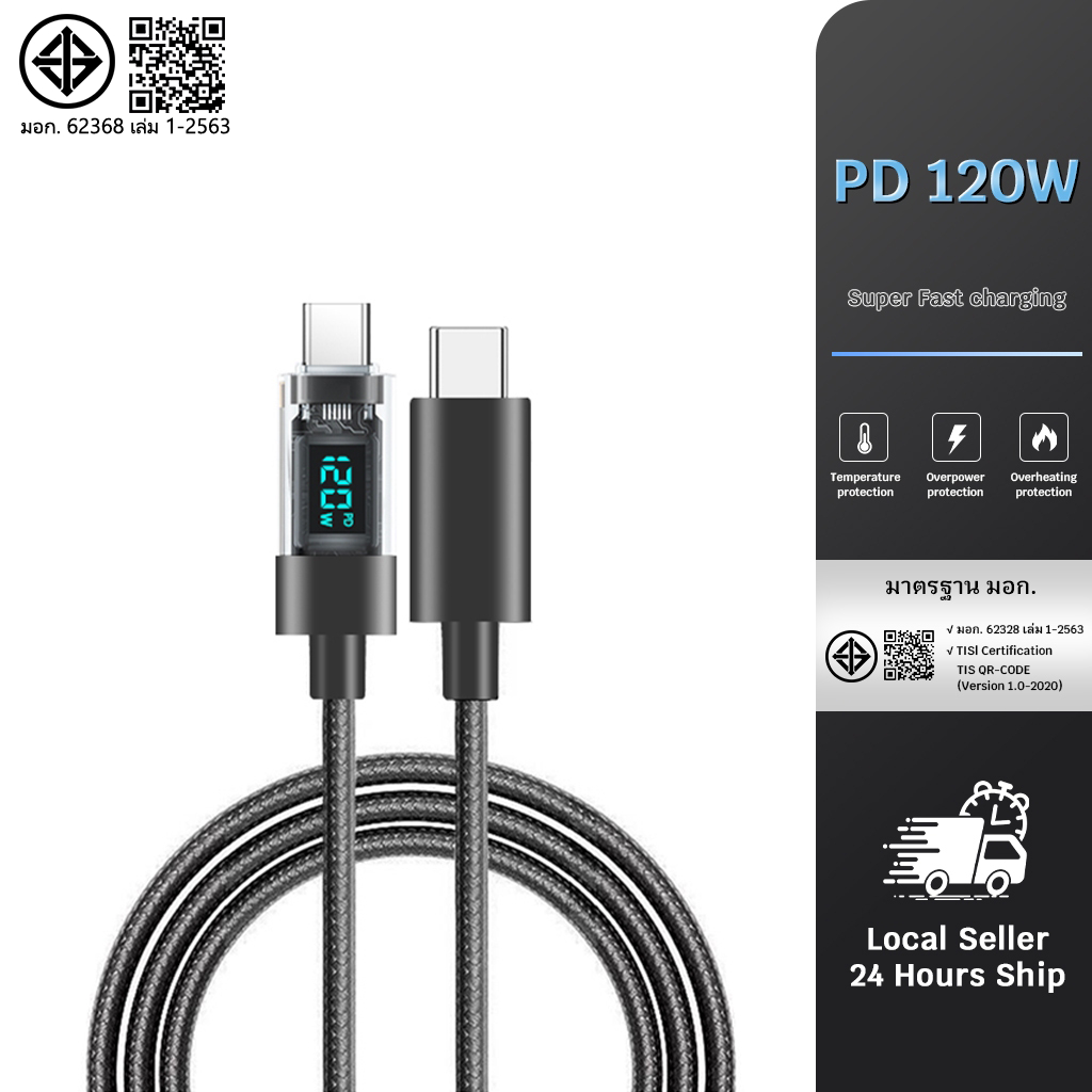 รับประกัน 1 ปี สายชาจแบตเร็ว 120W/6A สายชาร์จUSB Type C รองรับLED สายยาว1เมตร2เมตร