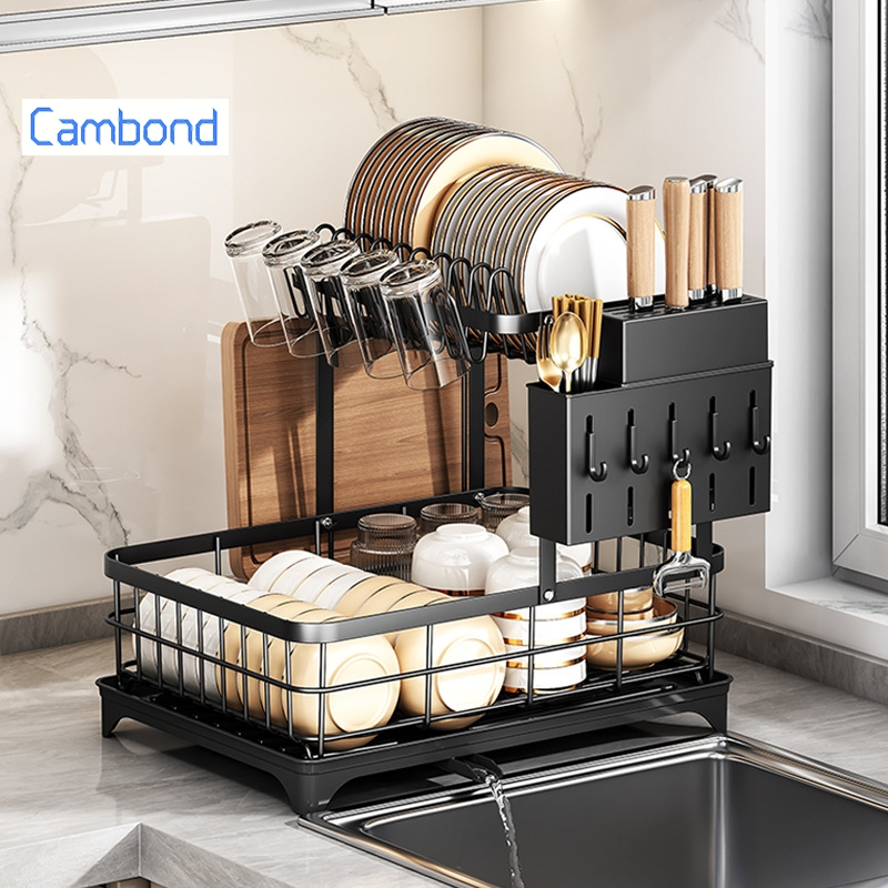Cambond ชั้นวางจาน 2ชั้น สแตนเลสเคลือบสีดำ พร้อมที่แขวนแก้ว ที่คว่ำจาน Dish Drainer Rack