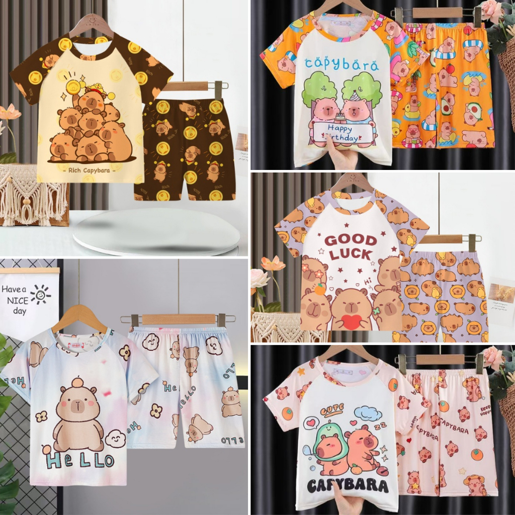 การ์ตูน ชุดนอนแขนสั้น ปิกาจู สําหรับเด็กผู้ชาย และเด็กผู้หญิง เสื้อยืดแขนสั้นสำหรับเด็ก + กางเกงขาสั้นสำหรับเด็ก 8ปีขึ้นไป