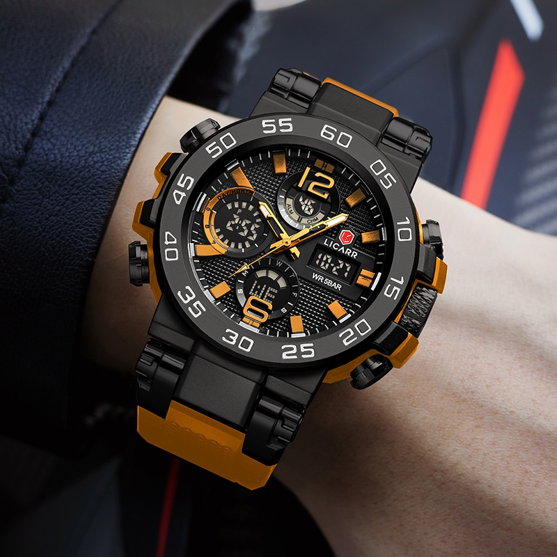 LICARR กีฬานาฬิกากันน้ําสําหรับผู้ชายแบรนด์ชั้นนํานาฬิกาปลุก Dual Display นาฬิกาจับเวลา 9533