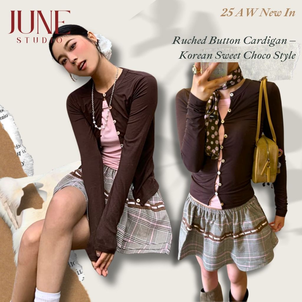 [June Studio] คาร์ดิแกนถักแขนยาวสไตล์เกาหลี ฤดูใบไม้ร่วงสีตัดกัน