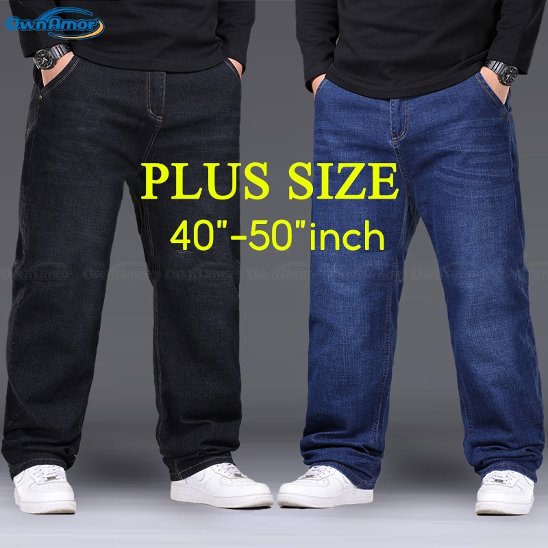 【จัดส่งจากกรุงเทพฯ】40-50นิ้ว พลัสขนาดขนาดใหญ่ยืดกางเกงยีนส์เอวสูงสําหรับผู้ชาย ไขมันตรงหลวมยืดหยุ่น
