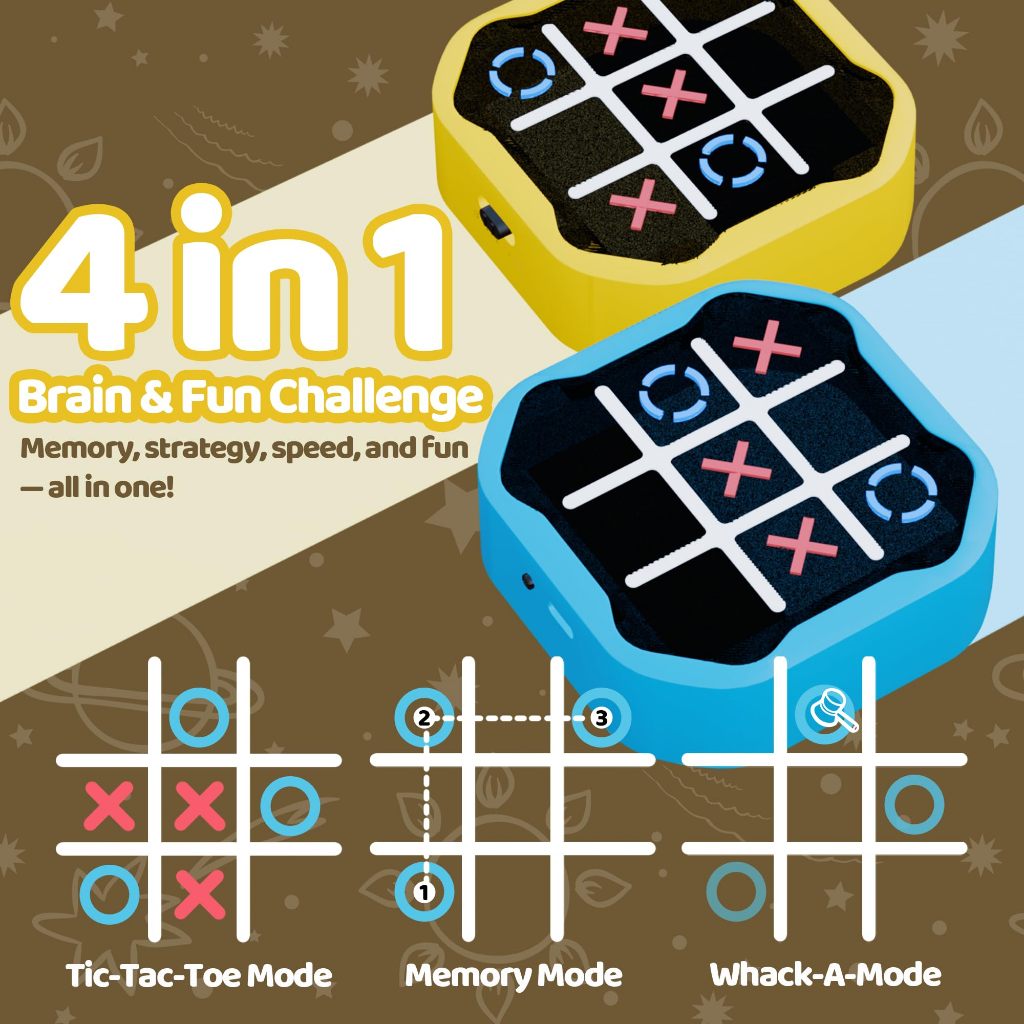 เกมมือถือ Tic Tac Toe แบบชาร์จไฟได้ 4-in-1 – หน่วยความจําอิเล็กทรอนิกส์ & ของเล่น Wrack-a-Mole พร้อมโหมดเงียบ, ชาร์จ USB, เกมพกพาสําหรับเด็กและผู้ใหญ่