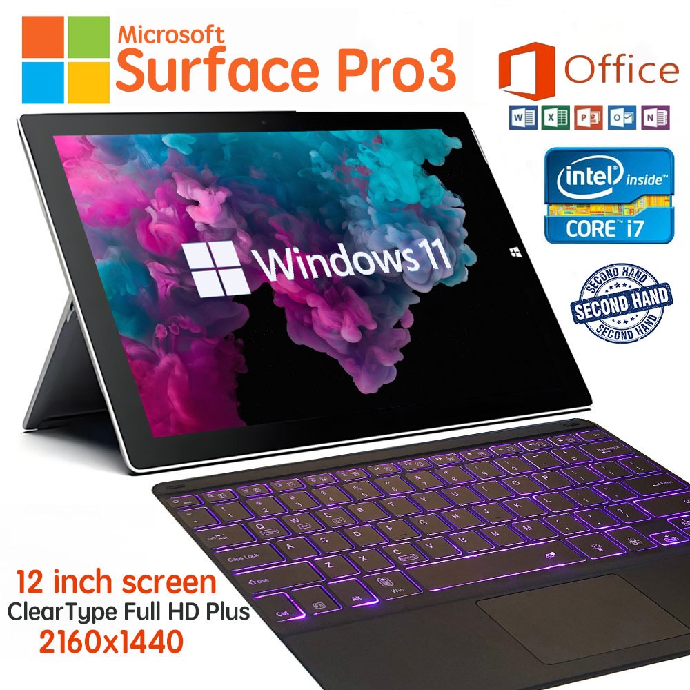 Microsoft Surface Pro3 Intel Core i5 i7 8GB DDR3 256GB 2in1 หน้าจอสัมผัสแล็ปท็อปแบ็คไลท์บลูทูธคีย์บอ