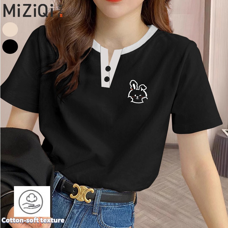 MIZIQI2025 ผ้าฝ้ายแขนสั้น สไตล์เกาหลีและญี่ปุ่น คอนทราสต์สี สำหรับฤดูร้อน