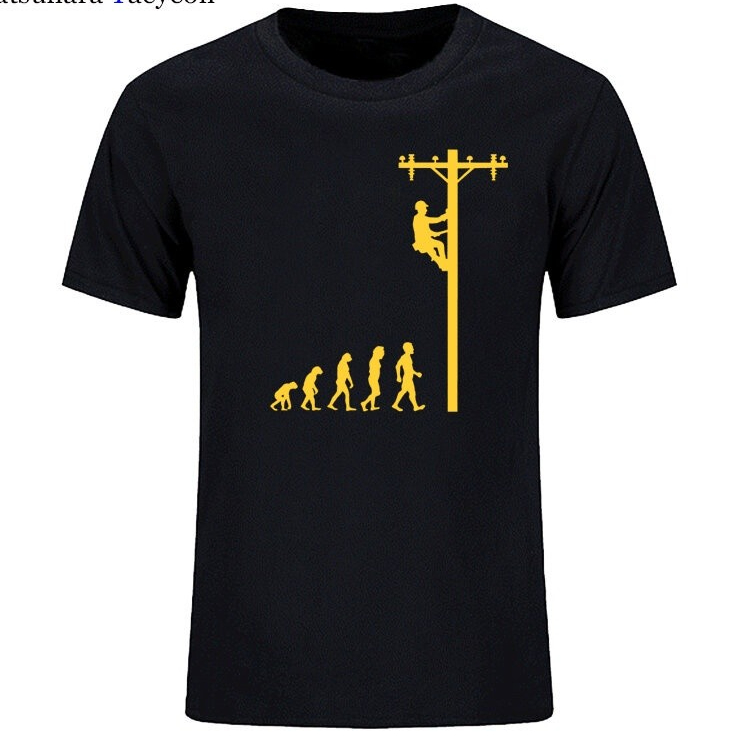 "Electrician Evolution" เสื้อยืดคอกลมผ้าฝ้าย กราฟิกตลก สไตล์ลำลอง trendy กับการออกแบบอารมณ์ขัน สำหรับช่างไฟฟ้าและคนค้าขาย