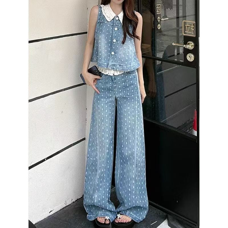 ✨✨เซียวเซียง สไตล์สูทผู้หญิงร้อนขายสไตล์ใหม่สไตล์ตะวันตกลูกไม้เย็บเสื้อกั๊กด้านบนกางเกงยีนส์ขากว้างสองชิ้น