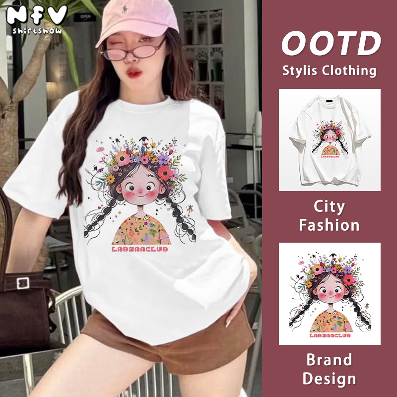 NFV มาใหม่🌺 ลายการ์ตูนเด็กผู้หญิง เสื้อยืดแขนสั้นคอกลม ผ้าฝ้าย ใส่สบายไม่รัดตัว สไตล์เกาหลี YG296