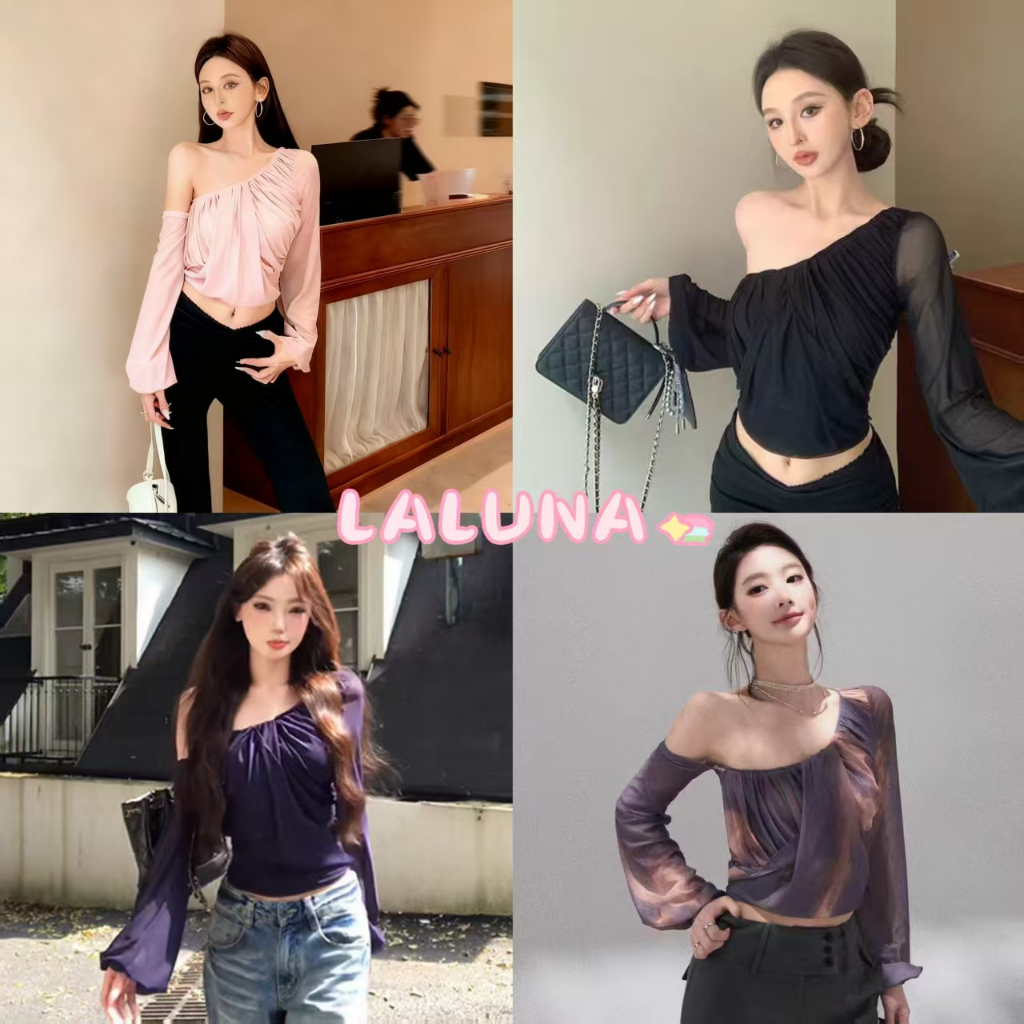 Lln🍑พร้อมส่ง🍑 เสื้อเชิ้ตแขนยาวผ้าตาข่ายสไตล์สาวอเมริกันสุดฮอตสำหรับผู้หญิง เสื้อผ้าฤดูใบไม้ร่วง 2025 ใหม่ เสื้อเปิดไหล่สั้นเซ็กซี่