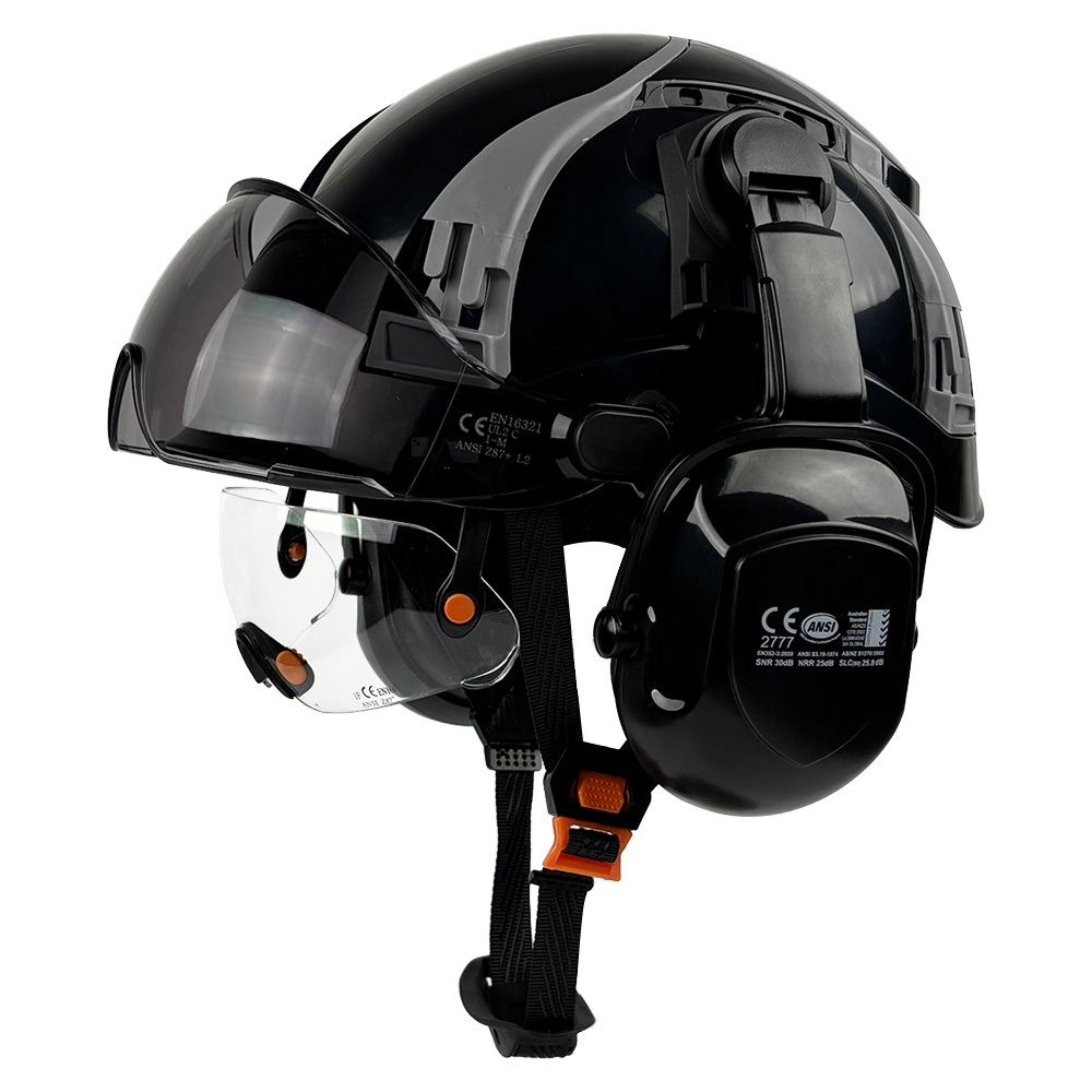 CE หมวกนิรภัย w/ ช่องระบายอากาศแบบปรับได้ Visor ABS หมวกความปลอดภัย w/ในตัวแว่นตา Earmuffs การก่อสร้างวิศวกรหมวกทํางาน ANSI