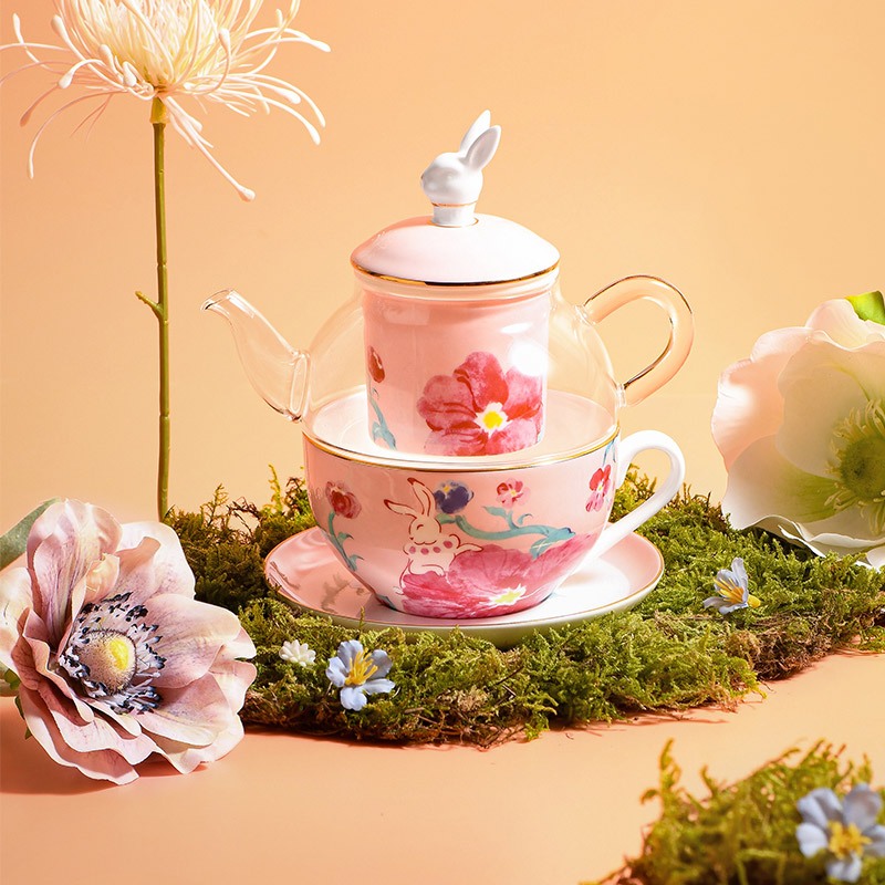 BlanBunny Pink Glass Bone China หม้อชา/ถ้วย ชุดของขวัญน้ําชายามบ่ายพร้อมตัวกรอง