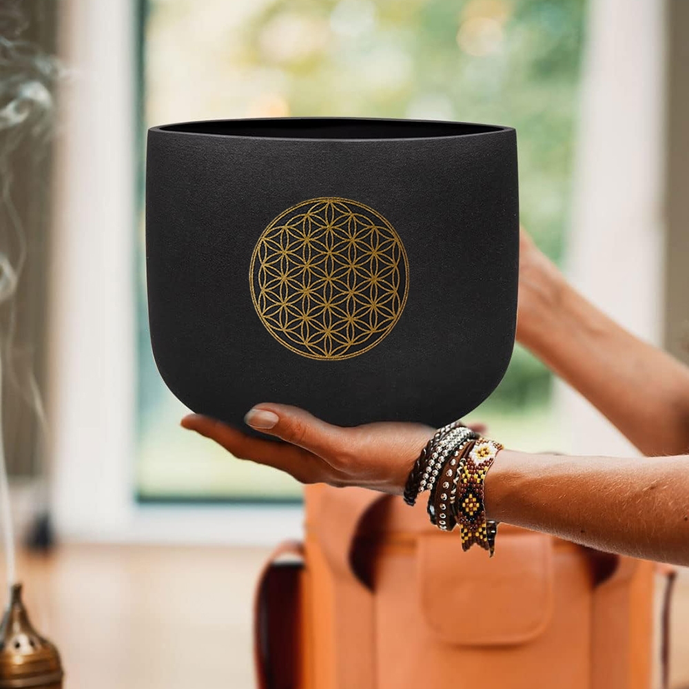 Hye-eun 8 นิ้วสีดําพร้อมดอกไม้ชีวิตมืออาชีพคริสตัลชามร้องเพลง 432hz/440hz เสียง Healing Bath ชามเครื