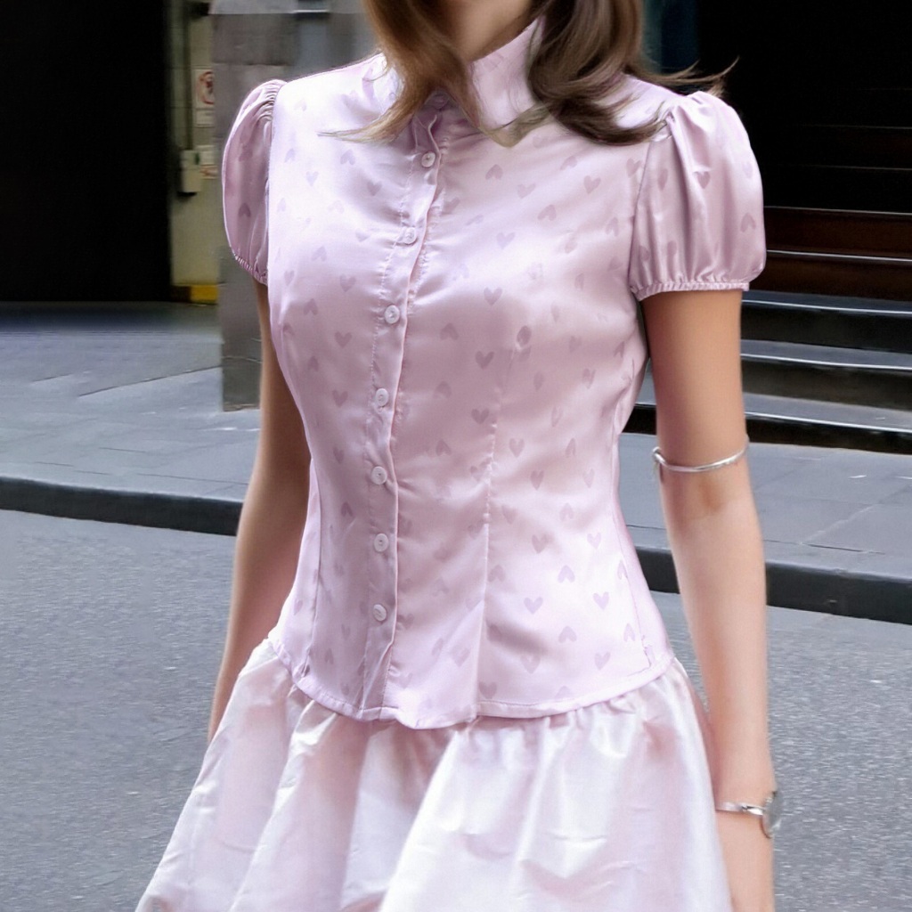 HANIE House - เสื้อเบลาส์ผ้าซาติน พิมพ์ลายหัวใจสำหรับผู้หญิง