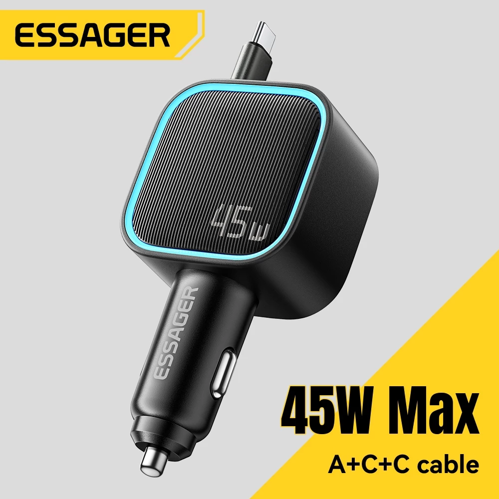 ESSAGER 45W สายแบบพับเก็บได้ + USB-A + TYPE-C ที่ชาร์จแบตในรถ