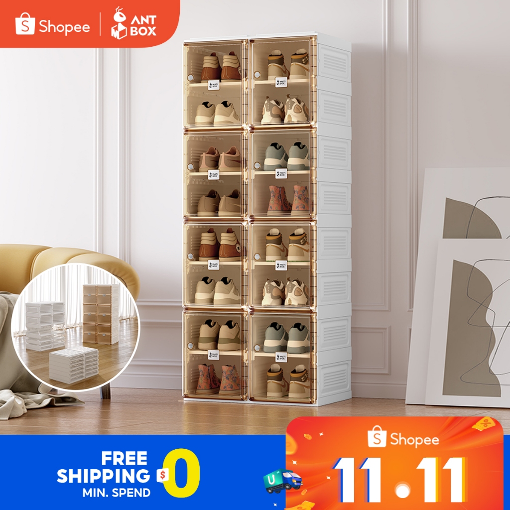 ANTBOX [พร้อมส่ง !! ] กล่องใส่รองเท้า 2 แถว ติดตั้งง่าย พับเก็บได้ มีหลายช่องเก็บ ประตูแม่เหล็ก แข็ง