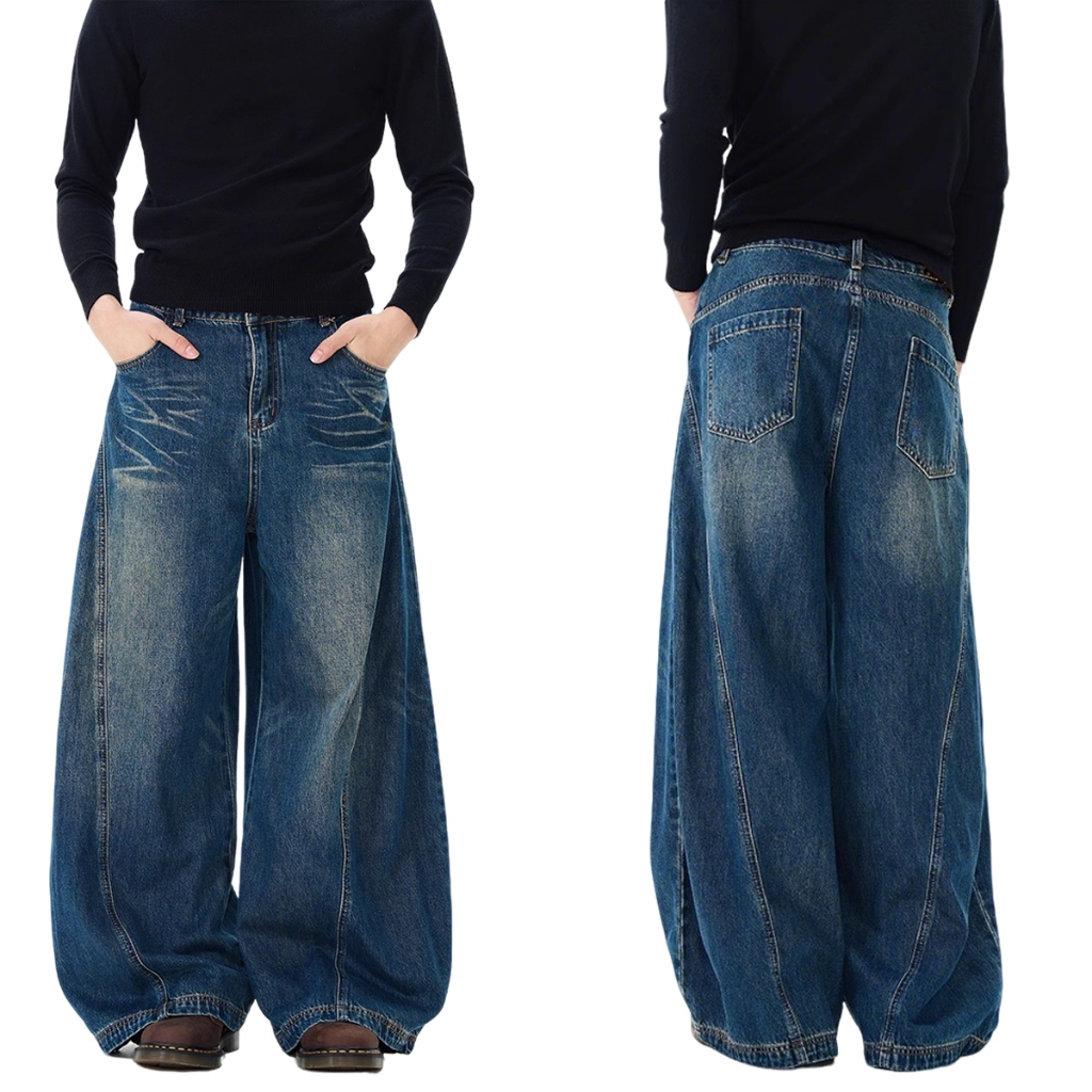 🔥Nova-Urban🔥 กางเกงยีนส์ทรงกระบอกสีน้ำเงินสไตล์วินเทจ กางเกงยีนส์ขาบาน เอวติดกระดุม แฟชั่นสไตล์เกาหลีสุดฮิต สไตล์สตรีทฮิปฮอป ใส่ได้ทั้งชายและหญิง - รูปที่ 3