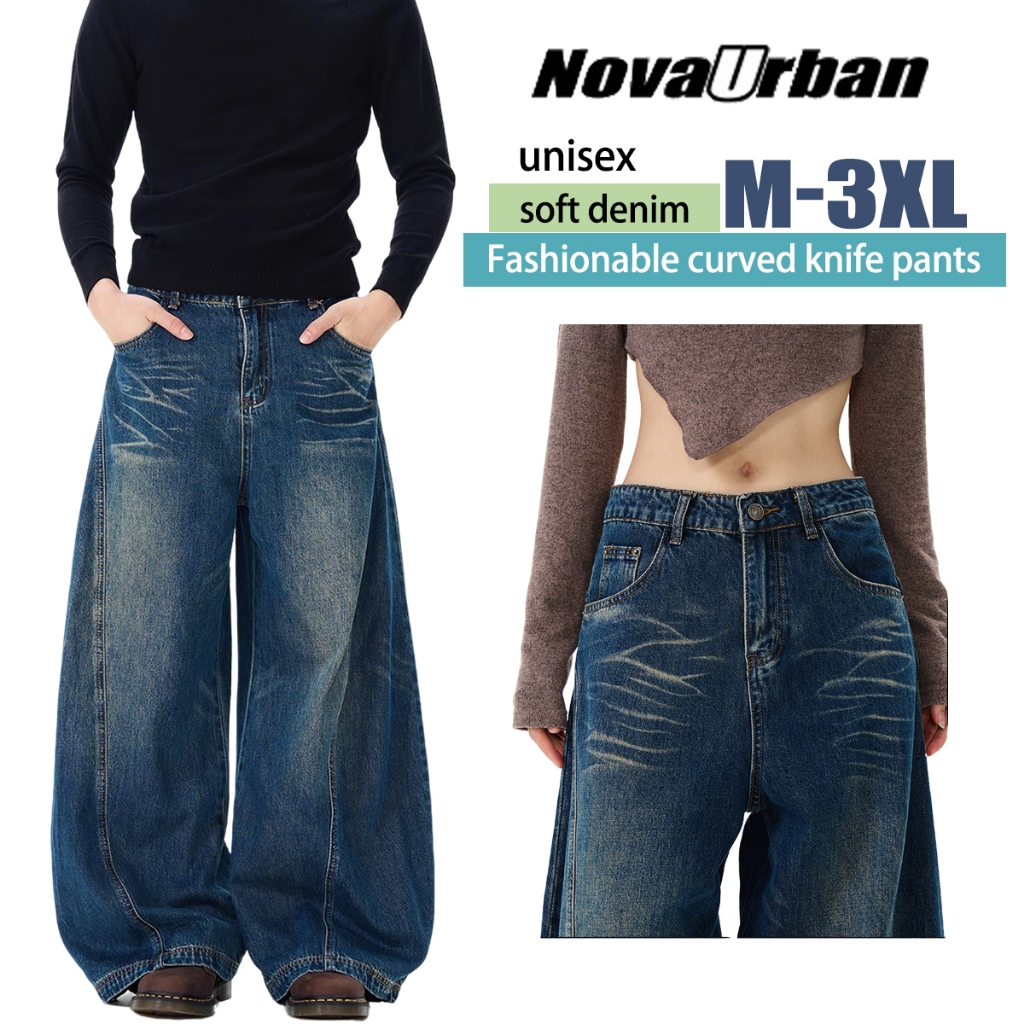 🔥Nova-Urban🔥 กางเกงยีนส์ทรงกระบอกสีน้ำเงินสไตล์วินเทจ กางเกงยีนส์ขาบาน เอวติดกระดุม แฟชั่นสไตล์เกาหลีสุดฮิต สไตล์สตรีทฮิปฮอป ใส่ได้ทั้งชายและหญิง
