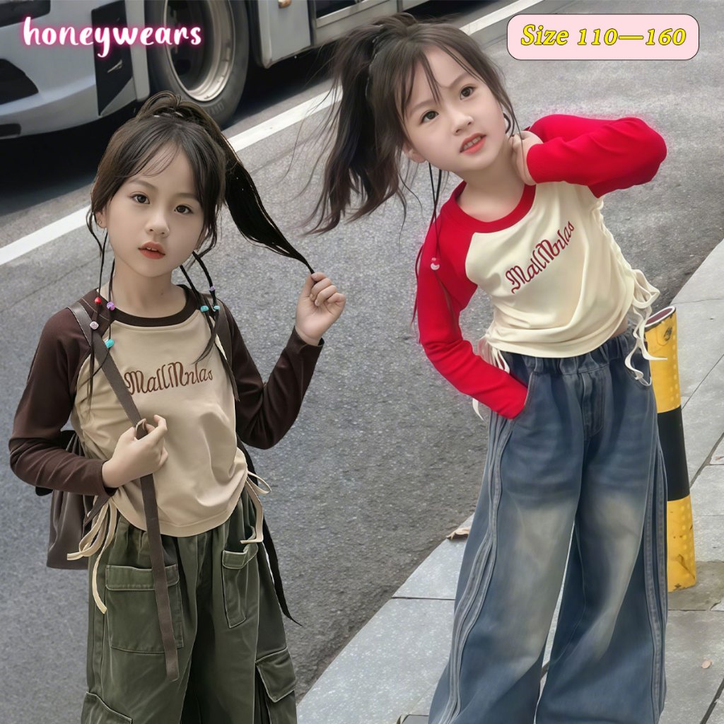 honeywears⚡พร้อมส่ง⚡เสื้อยืดแขนยาวเด็กผู้หญิง เสื้อผ้าแฟชั่นลําลองสไตล์เกาหลี คอกลม สบายๆ และอเนกประสงค์ ผ้านิ่ม ดีไซน์จีบและพิมพ์ ไซส์ 110-160