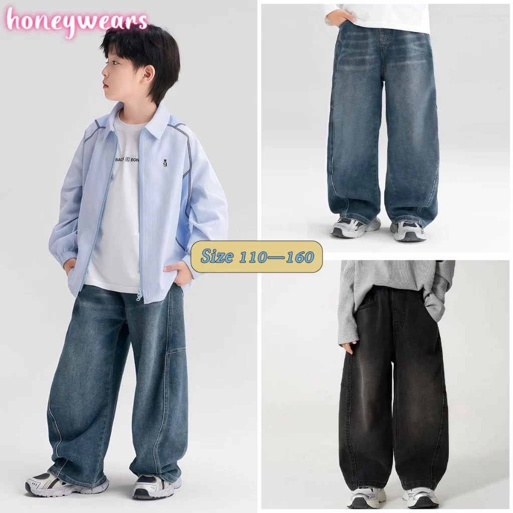 honeywears⚡พร้อมส่ง⚡กางเกงยีนส์เด็กผู้ชาย กางเกงยีนส์ขายาวสำหรับเด็ก สไตล์เกาหลี ขายาวทรงตรง เหมาะทั้งฤดูใบไม้ผลิและฤดูใบไม้ร่วง ไซส์ 110-160