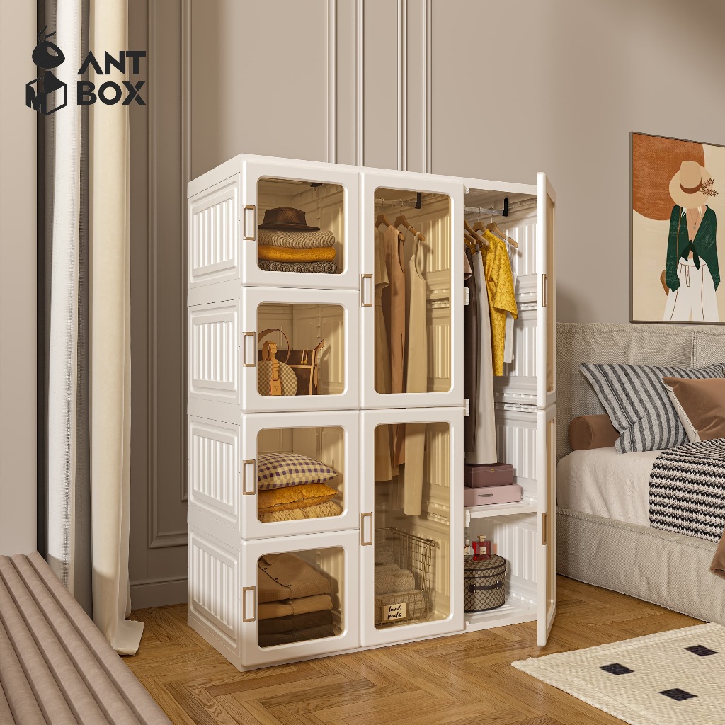 ANTBOX [พร้อมส่ง!! ] ตู้เสื้อผ้า 12 ช่อง 2 แขวน 710L ประตูใสโปร่งแสงมองเห็นด้านในได้ สไตล์โมเดิร์น เ