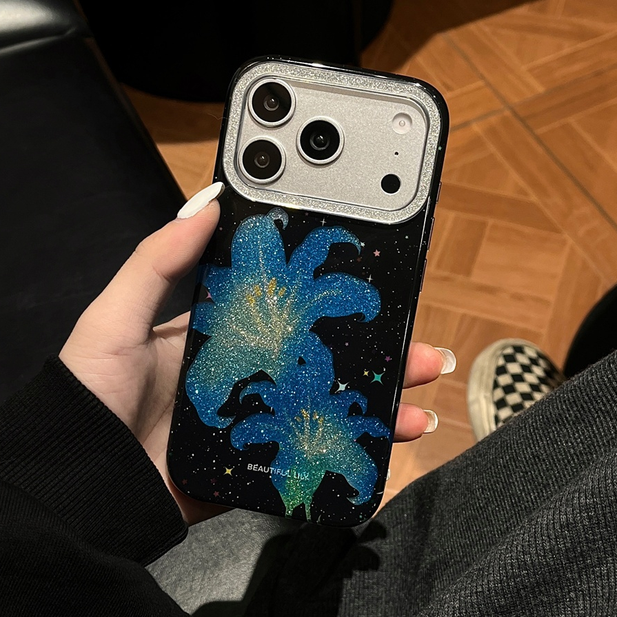 สําหรับIphone Case 17 Pro Max 16 Pro Max 15 Pro Max 14 Pro Maxฐานสีดําพร้อมแววและเคสโทรศัพท์ลิลลี่เต