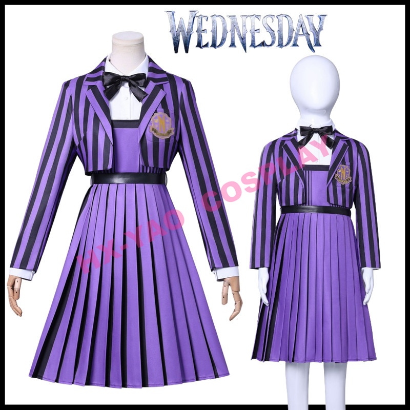 【HX-YAO】Wednesday Season 2 Addams แถบสีม่วง cosplay costumes The Addams Family ชุดคอสเพลย์