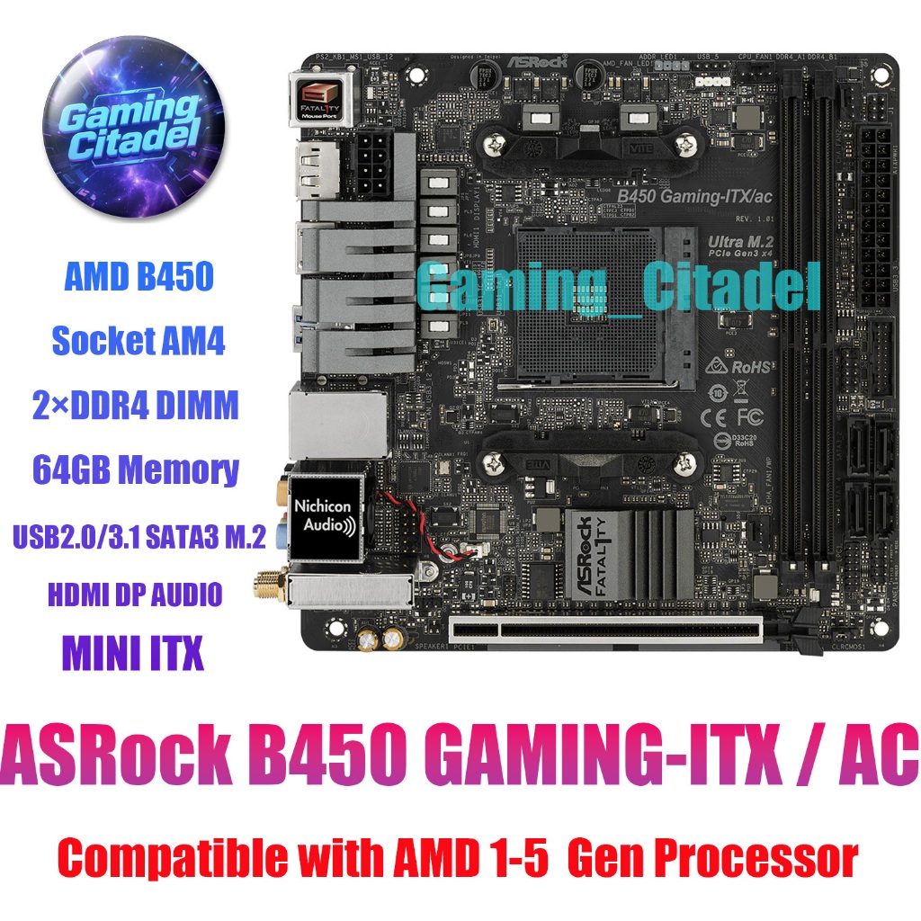 ใช้เมนบอร์ด ASRock B450 Gaming-ITX/ac AM4 ITX DDR4 เข้ากันได้กับโปรเซสเซอร์ AMD1-5 Gen ทดสอบ
